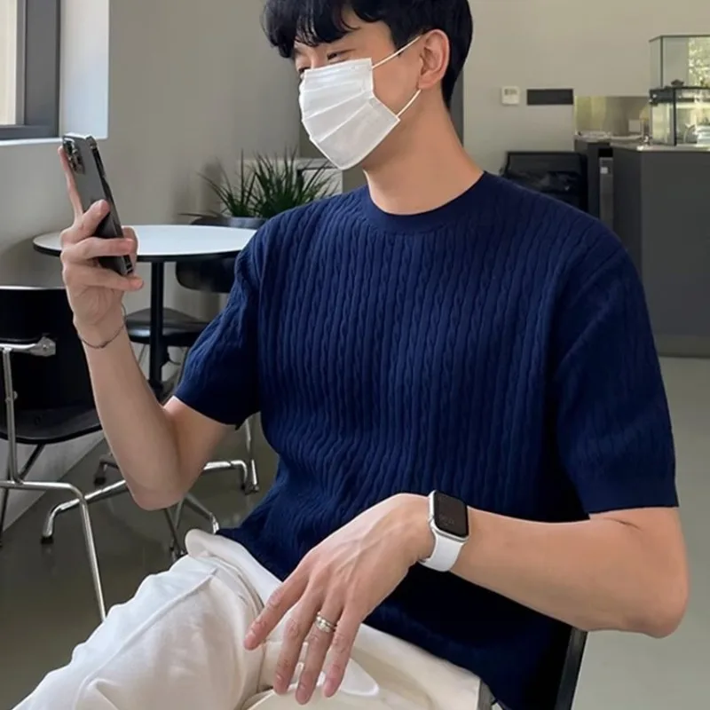 

2023 Short-sleeved knitted T-shirt Summer men's Korean version of loose crewneck knitted T-shirt