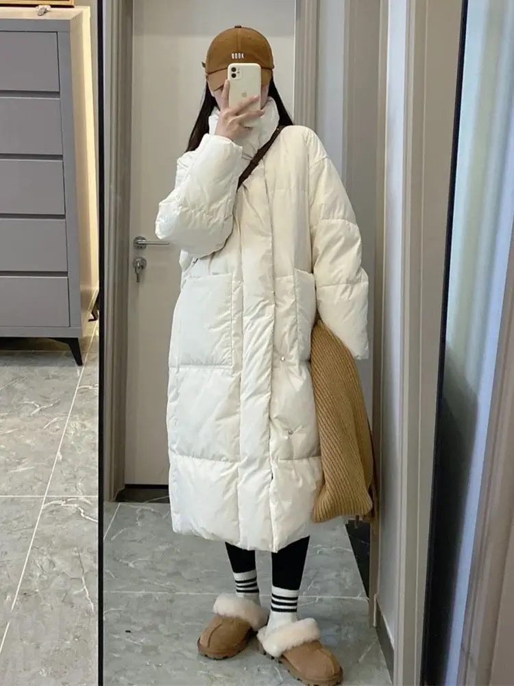 

Parkas Coats Women Thick Warm Full Sleeve Spliced Jackets Stand Collar Pockets Korean Outerwear Loose Winter Mid Length Coat