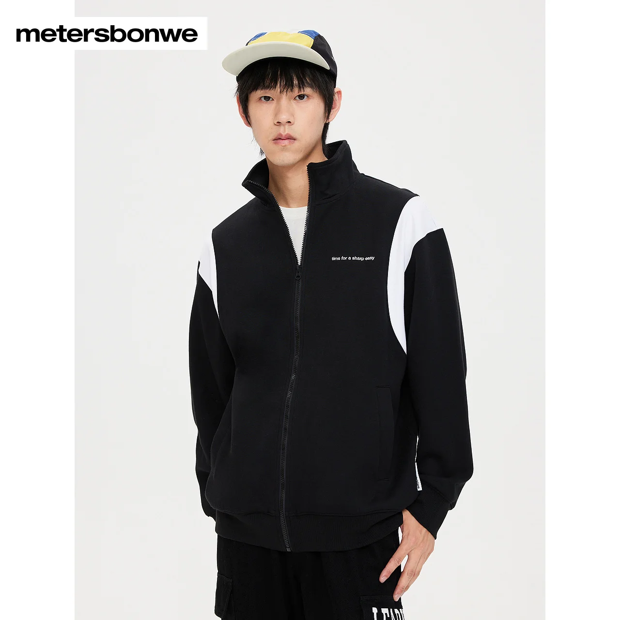 Metersbonwe-Men's Stylish Stand Collar Design Knit Cardigan Back Print Color Clash Jackets Trendy Street Autumn