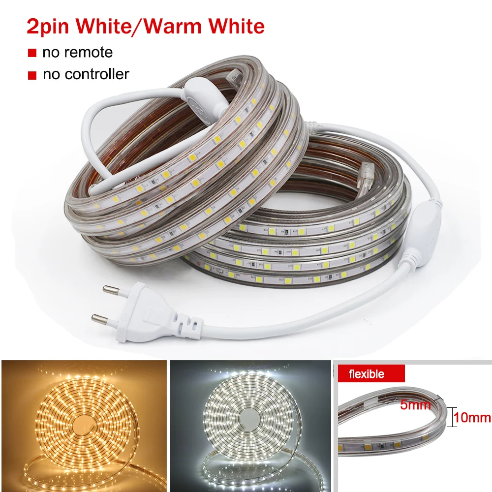 Imagem -04 - Impermeável Flexível Rgb Led Strip Light Fita com Controle Remoto Branco Branco Quente Plug Decor 110v 220v 5050 60leds por m