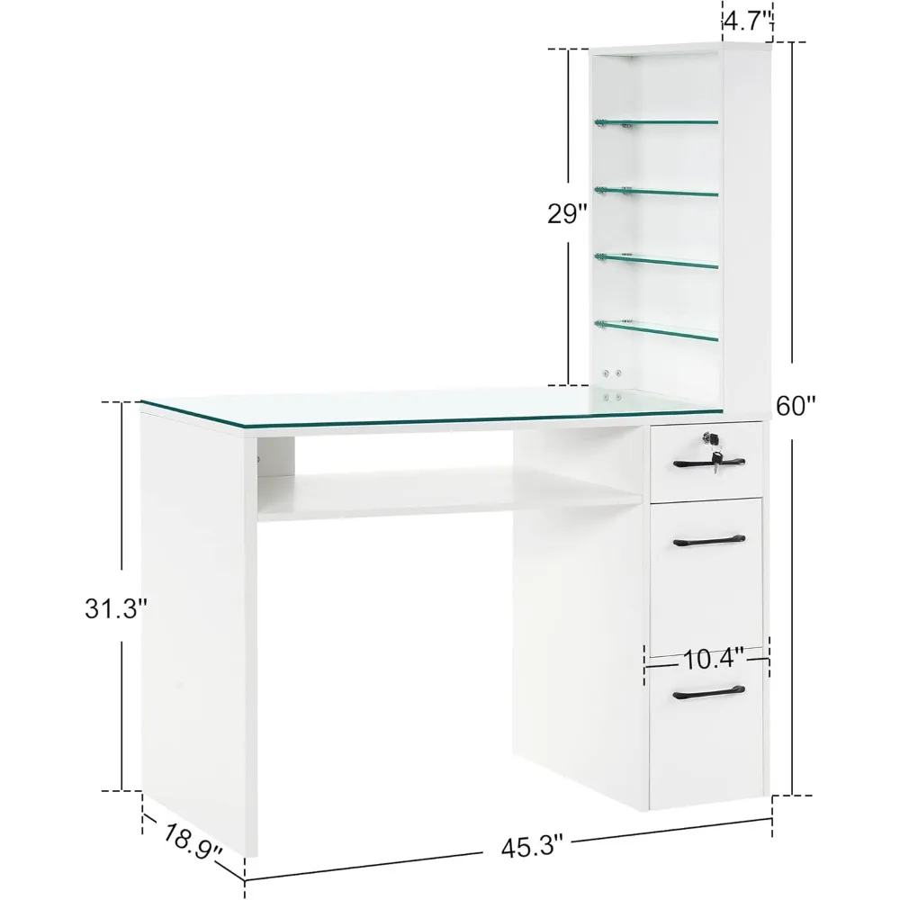 BarberPub Manicure Table with Drawers, Storage Shelves Spa Beauty Salon Station Nail Desk 2673, 45*60*19 inch (White)