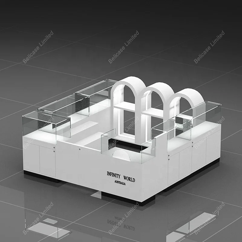 customized.White Wood Showcase Flower Display Kiosk Toy Elegant Design Mall Shopping Center Displays