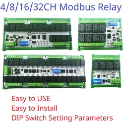 4-32CH 10A 20A DC 12V 24V RS485 Bus Relay Module DIP Setup Parameters Modbus RTU Serial Port UART Switch Board HMI PLC