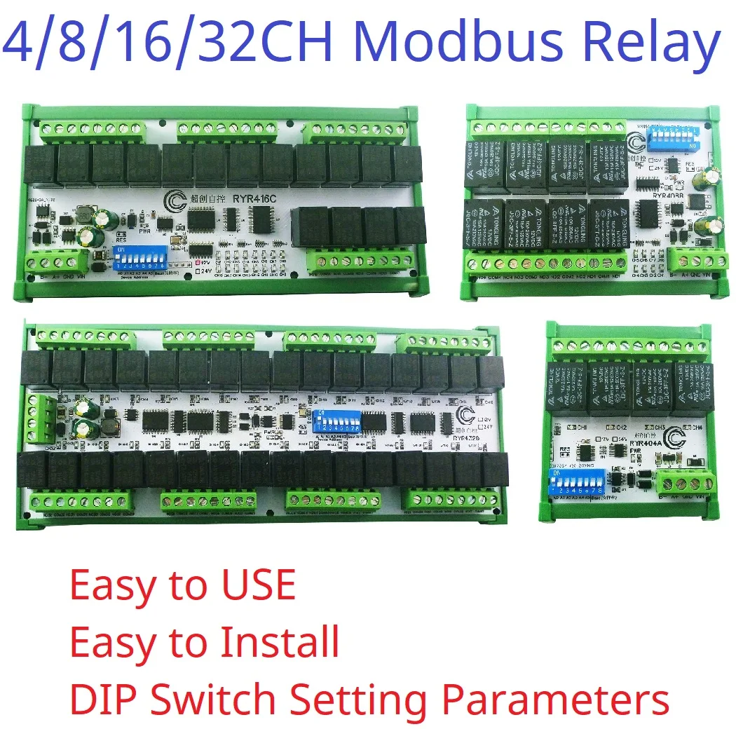 4-32CH 10A 20A DC 12V 24V RS485 Moduł przekaźnika magistrali Konfiguracja DIP Parametry Modbus RTU Port szeregowy UART Płytka przełącznika HMI PLC