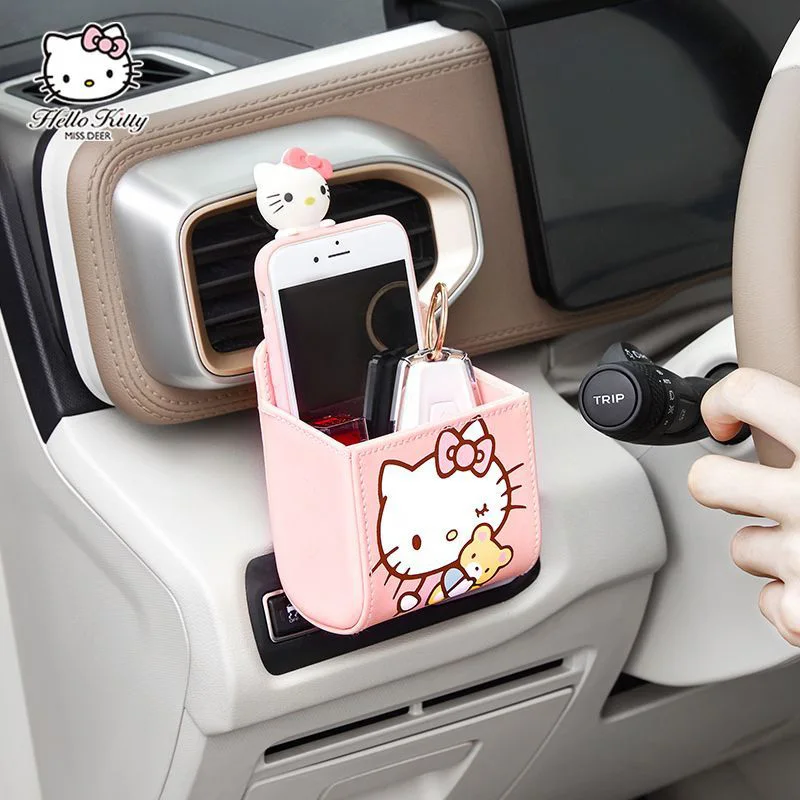 Hello Kitty Kuromi Cartoon Storage Box Cute Pink Car Air Outlet Suspension Type Phone Glasses Sundries Storage Bag Cinnamoroll