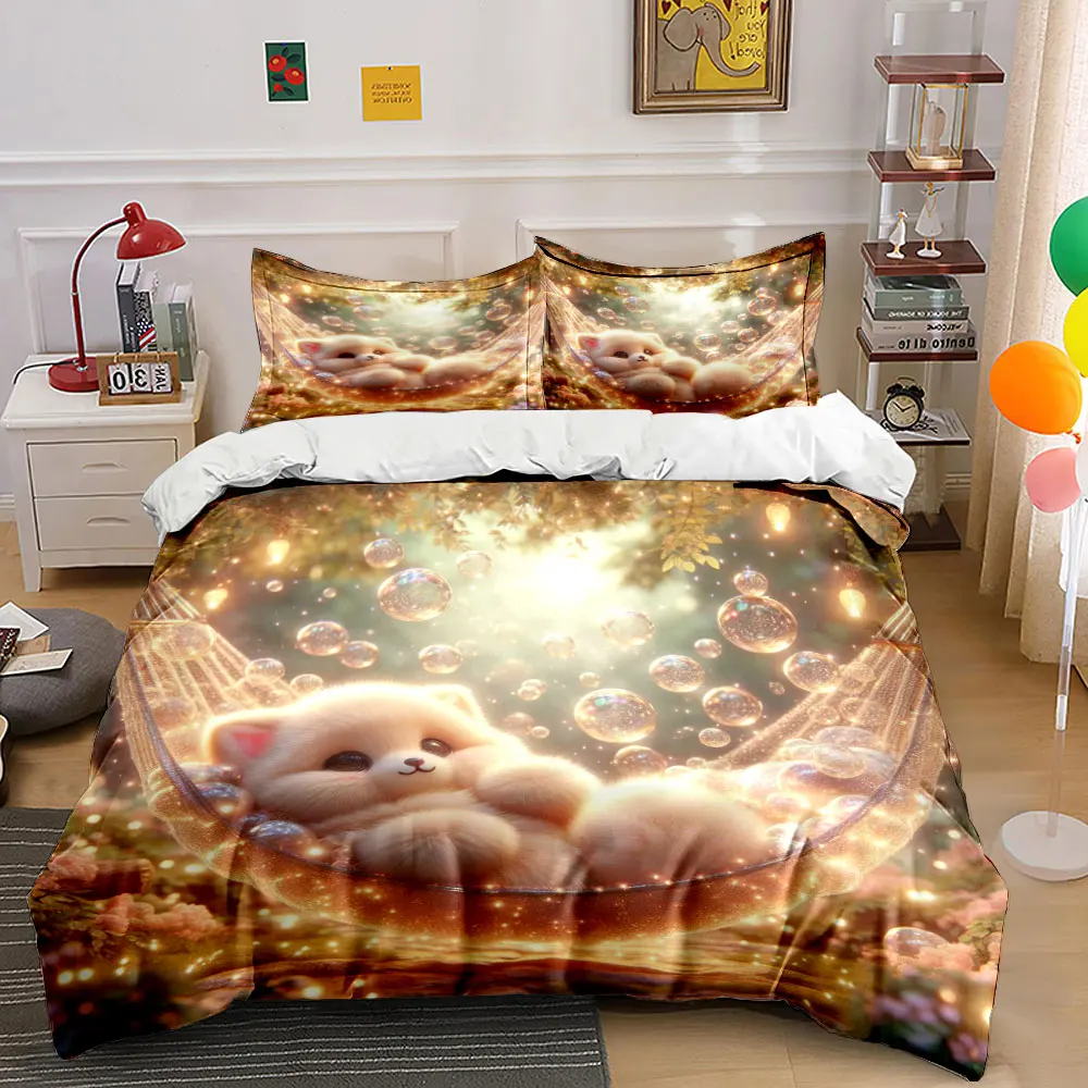 Dreamy kitten in hammock with bubbles Duvet Cover Set with 3D Printing Design Soft Polyester Bedding Set All-Season Comfort