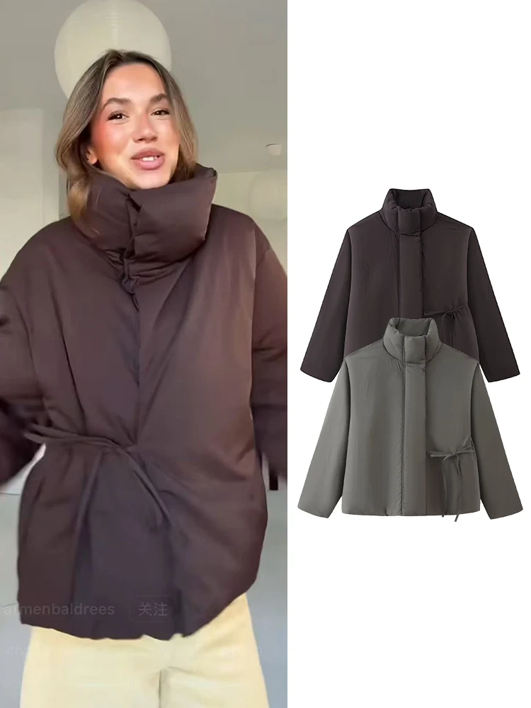 

TFMLN Fashion Women Stand Collar Cotton Jackets Casual Warm Long Sleeve Side Lace Up Coats New Winter Street Solid Outerwear