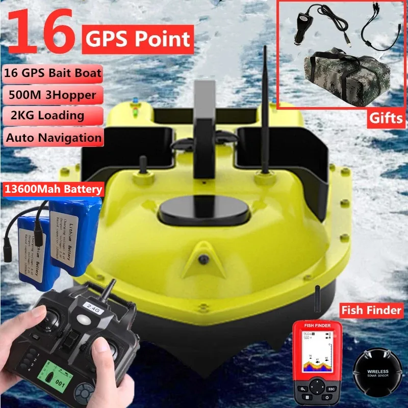 16 punti GPS Bait Boat 3 tramogge 500M 2KG carico GPS Auto Feed Return Fishing Bait Boat con Fish Finder RC Fishing Finder Boat To