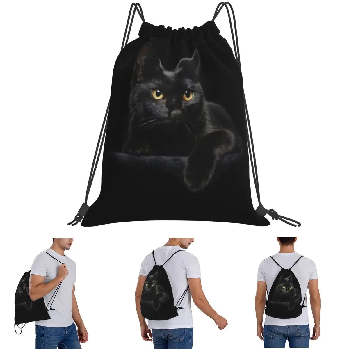 Black Cat Backpacks Multi-function Drawstring Bundle Pocket Sundries Bag Book Bags for Man Woman School