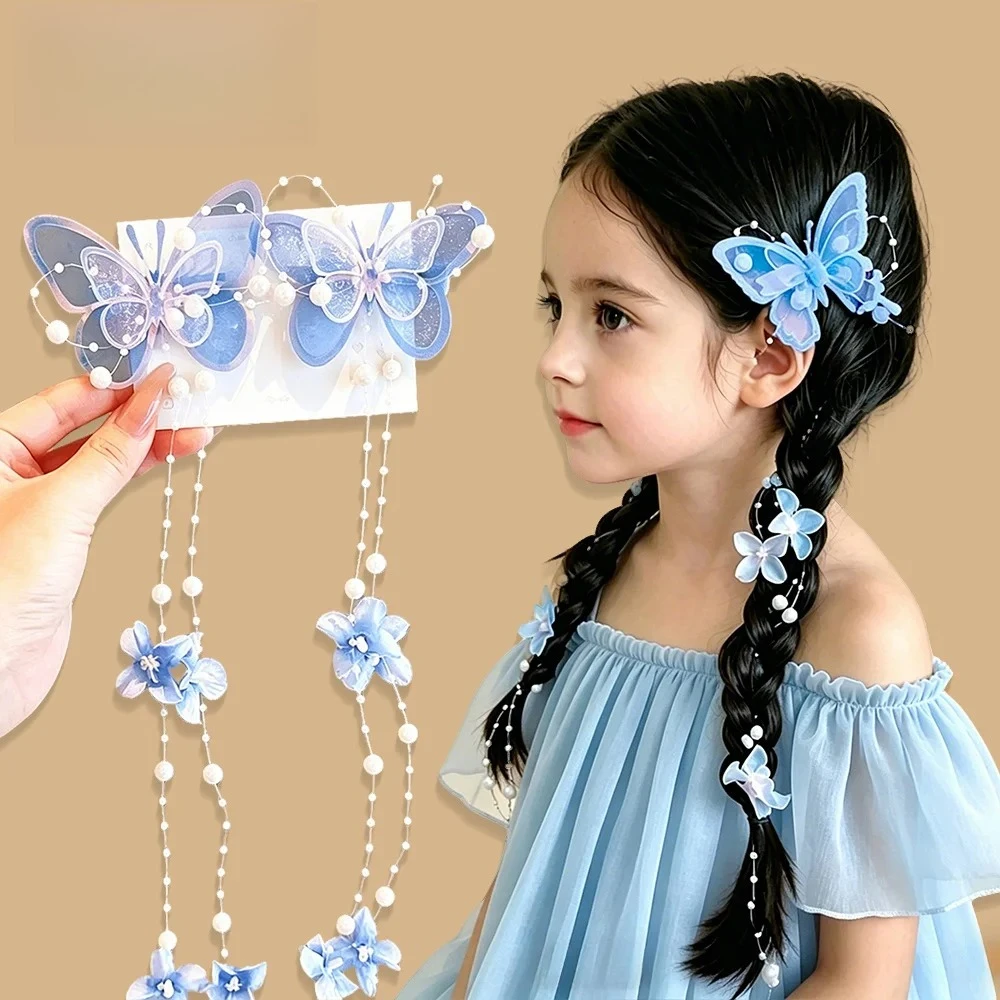 2Pcs Butterfly Tassel Hair Clips Imitation Pearl Chain Braided Hair Pins Kids Girls Party Hair Accessories