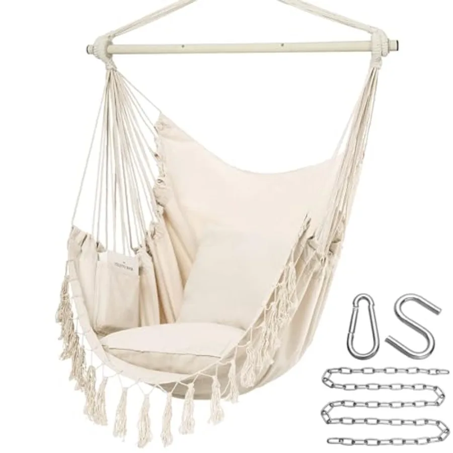 

Hammock Chair Hanging Rope Swing Max 500 Lbs 2 Cushions Included Large Macrame Hanging Chair with Pocket for Superior Comfort w