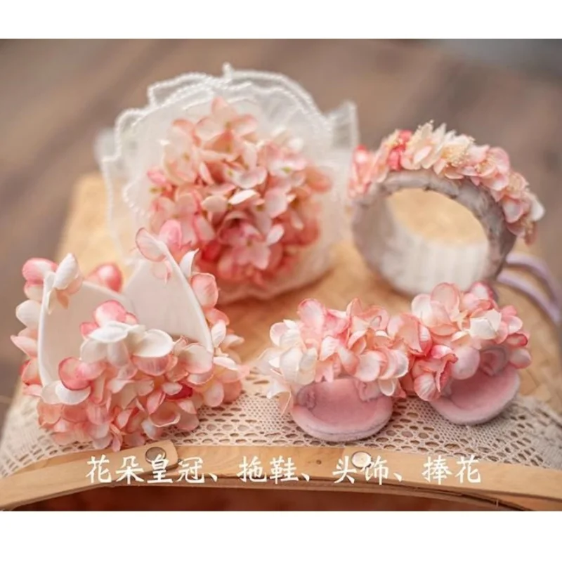 Newborn Photography Props Girl Flower Crown Petal Headdress Slipper Hand Tied Bouquet Studio Baby Photo Shoot Accessories Items