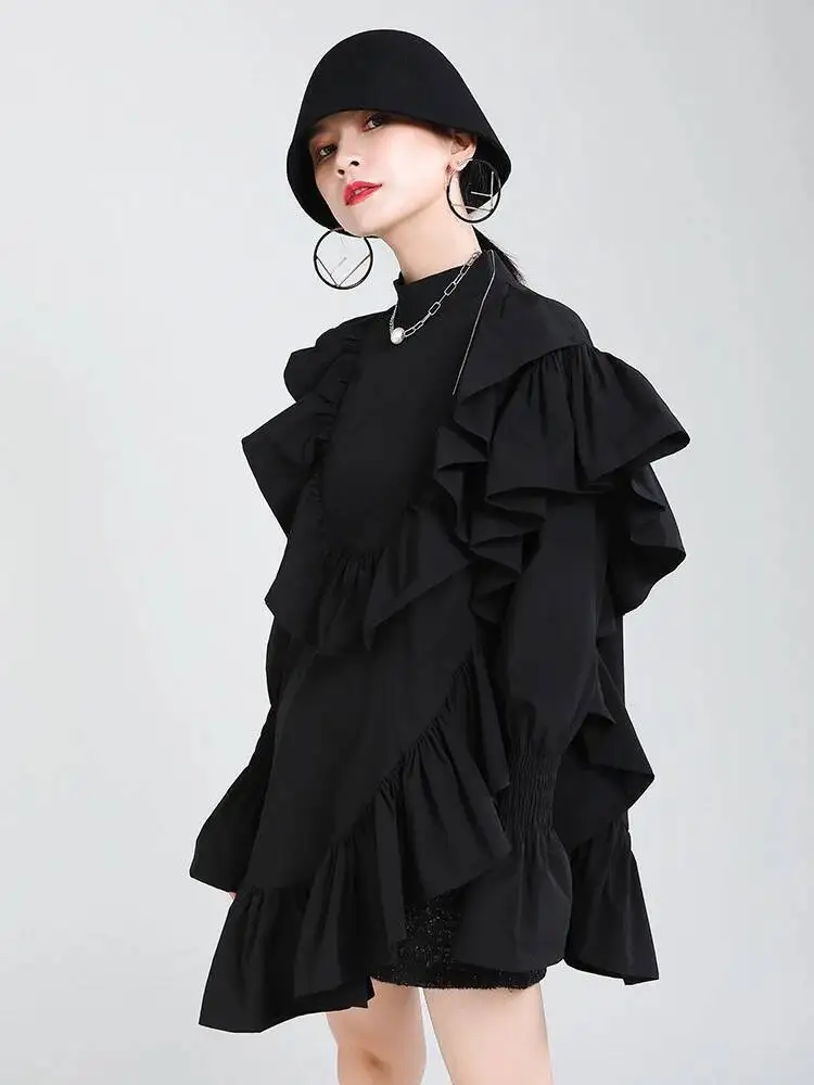 

Women Ruffles Irregular Blouse New Stand Collar Long Sleeve Loose Fit Shirt Fashion Tide Spring Autumn