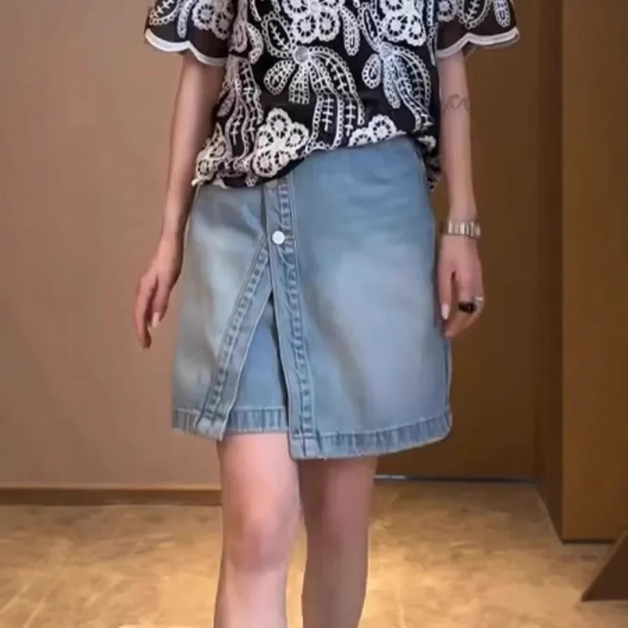 Lichtblauwe denim rok dames zomermode plus maat ontwerp gevoel nep tweedelige a-lijn minirok lage taille katoen