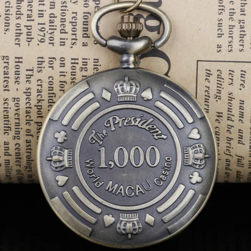 Macau Casino Thema Vintage Brons Quartz Zakhorloge Met Ketting Hanger Voor Mannen En Vrouwen Relojes De Bolsillo