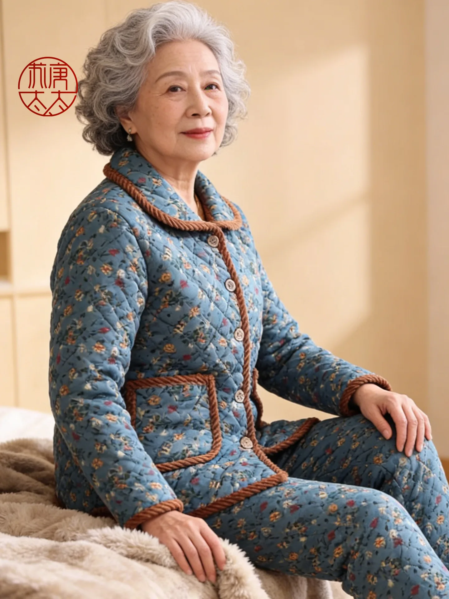 

Warm Fleece Lined Winter Sleepwear Set for Women Home Clothes Cotton Pants And Shirt Two Piece Set Elderly Women's Fashion