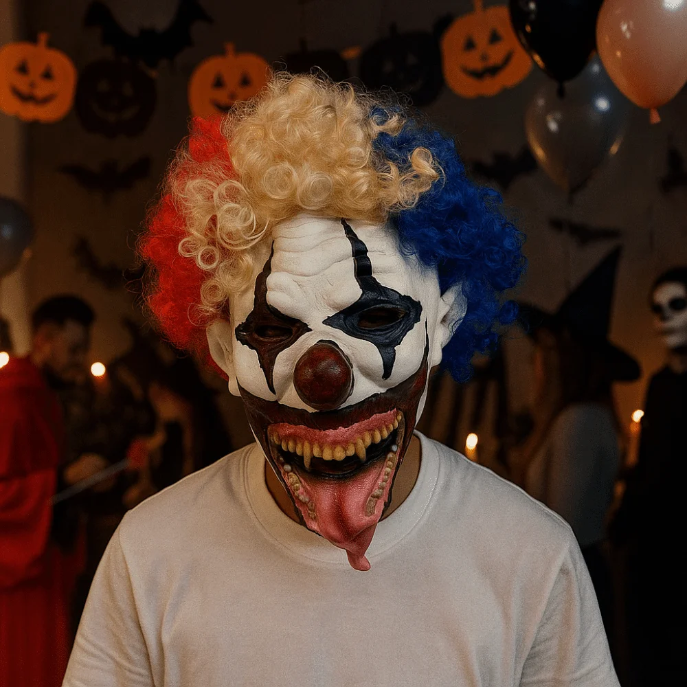 

Terrifying Clown Costume Mask Colorful Hair Latex Material Ghost Festive Mask Toothy Tongue Out Scary Design