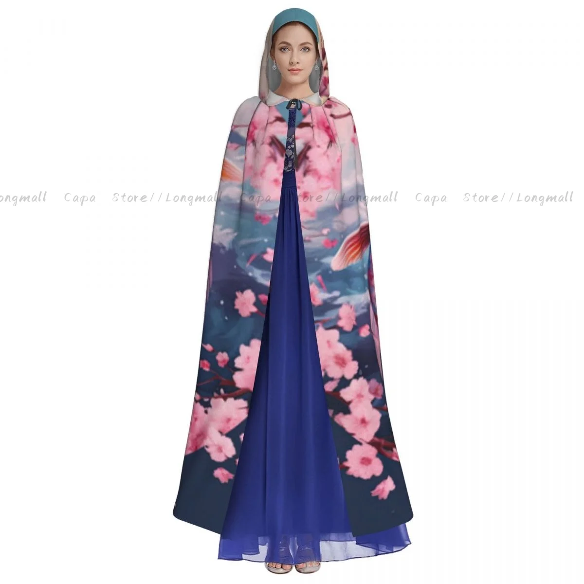 Koi Fish And Cherry Blossoms Hooded Cloak Coat Halloween Cosplay Costume Vampire Devil Wizard Cape Gown Party