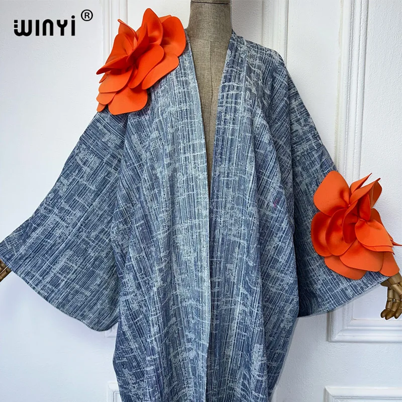 WINYI-Kimono en denim délavé, modèle passerelle, cardigan maxi, robe élégante, fête, vacances, natation, plage, couverture, mode abaya