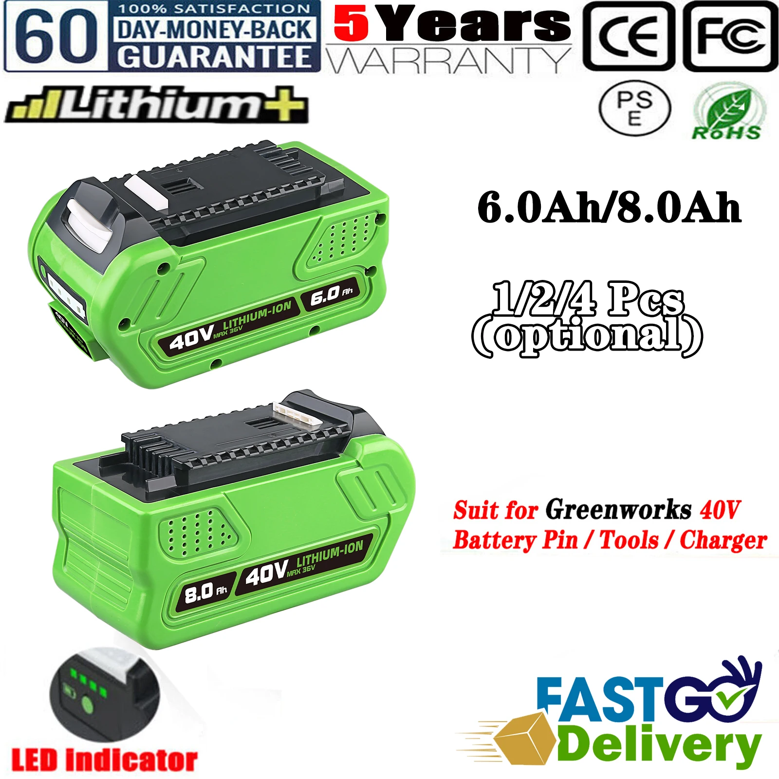 

1~4Pcs 6.0/8.0Ah 29462 Replace for GreenWorks 40V Li-on Battery Pin 29252 22262 29472 Compatible with 40V G-MAX Power Tools