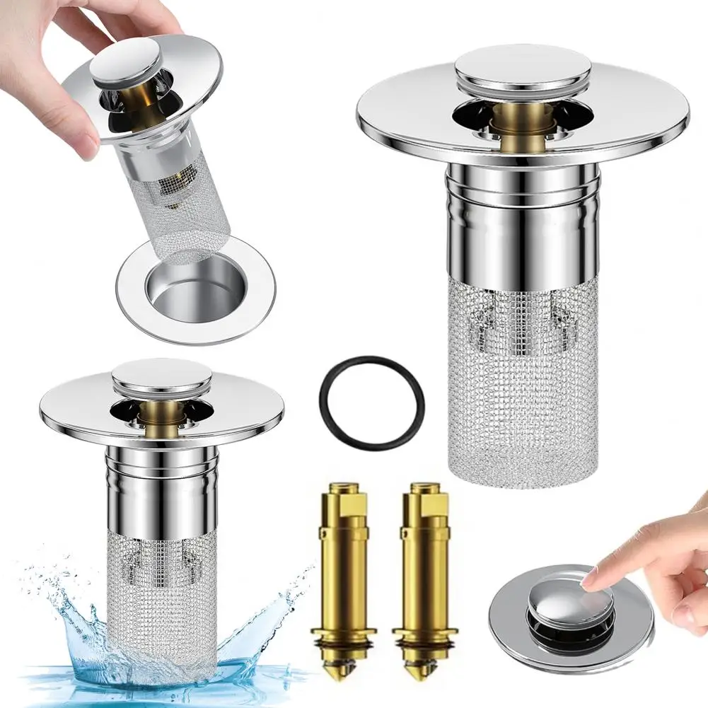 

2pc Universal All Brass Pop-Up Bounce Core Basin Drain Filter Hair Catcher Sink Strainer Bathtub Stopper Bath Plug Bathroom Tool