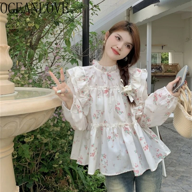 

OCEANLOVE Sweet Floral Woman Shirts&blouses Ruffles Spring Autumn Loose Blusas Mujer Korean Fashion Chic Elegant Camisas