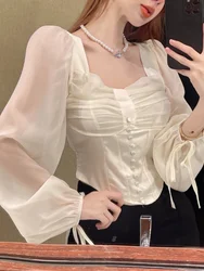 Women Spring Sexy Short Chiffon Blouse Shirt Slim Botton Draped Pullovers Ladies Square Neck Feminine Sweet Tops Summer