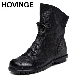 Plus Size Genuine Leather Women Boots Autumn Winter Fashion Pleated Ankle Boots Warm Soft Outdoor Casual Flat Shoes For Ladies