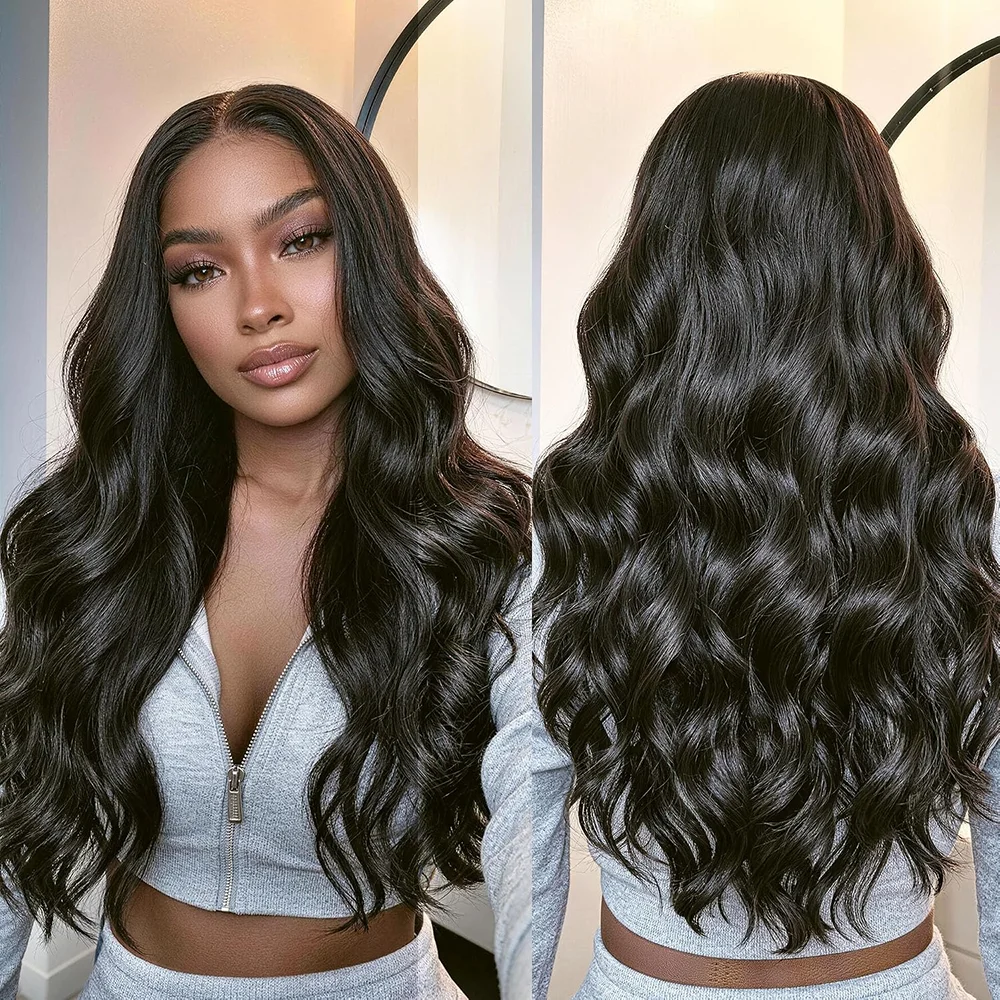 220% Dichte 40 42 44 46 Zoll Body Wave Perücke 13x6 13x4 Echthaar Wavy HD Transparente Spitze Vorgezupfter Natürlicher Haaransatz Naturschwarz Für Alle Schwarzen Frauen