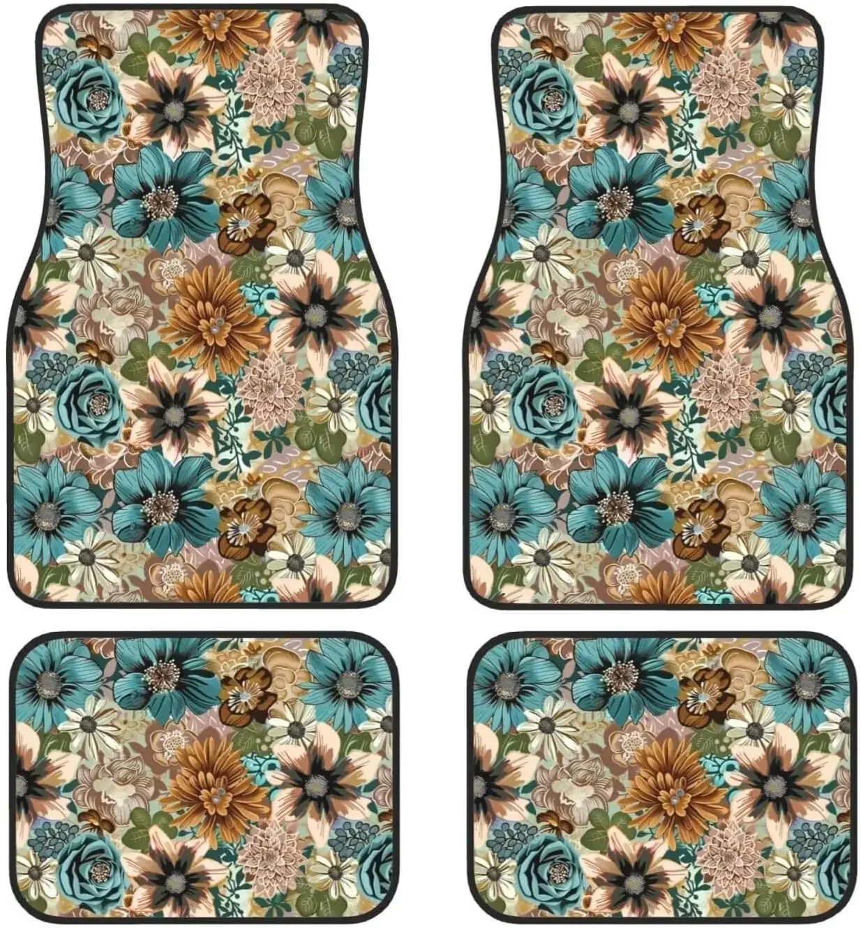 

Flower Car Floor Mat for Women Boho Floral Brown and Teal Auto Front & Rear Car Carpets Mats Full Set of 4 Pcs