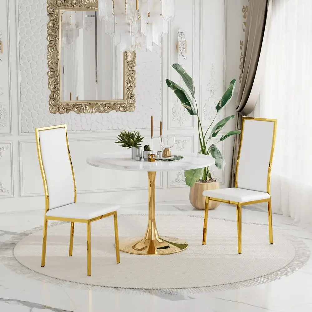 

34'' Round Tulip Dining Table of 2, 0.7'' Thick Marble MDF Top with Gold Metal Legs Cafe Table & 2 Luxury White Gold Dining Chai