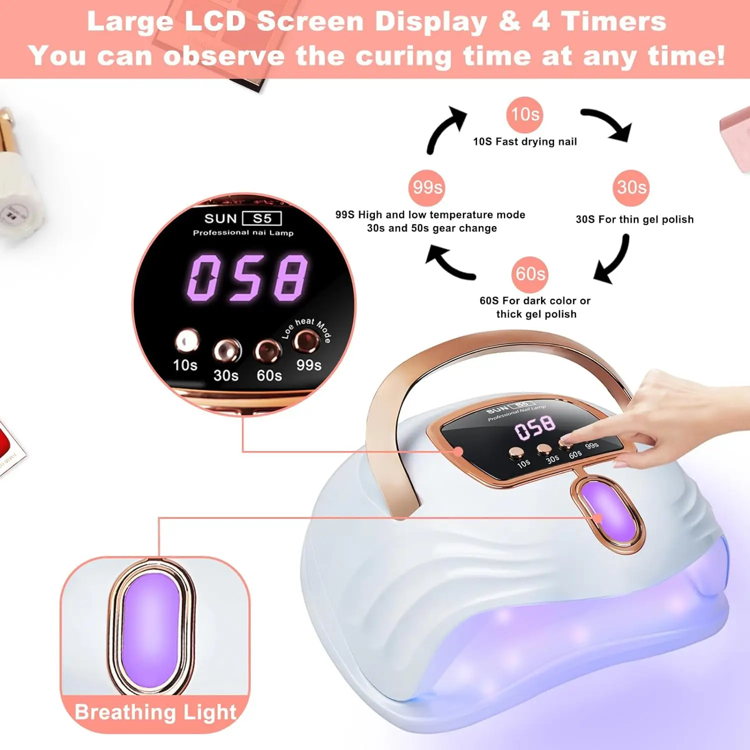 Lâmpada profissional do prego do diodo emissor de luz para o salão, luz UV para unhas do gel, secador automático do prego do sensor, 4 temporizadores, 57 LEDs, 268W