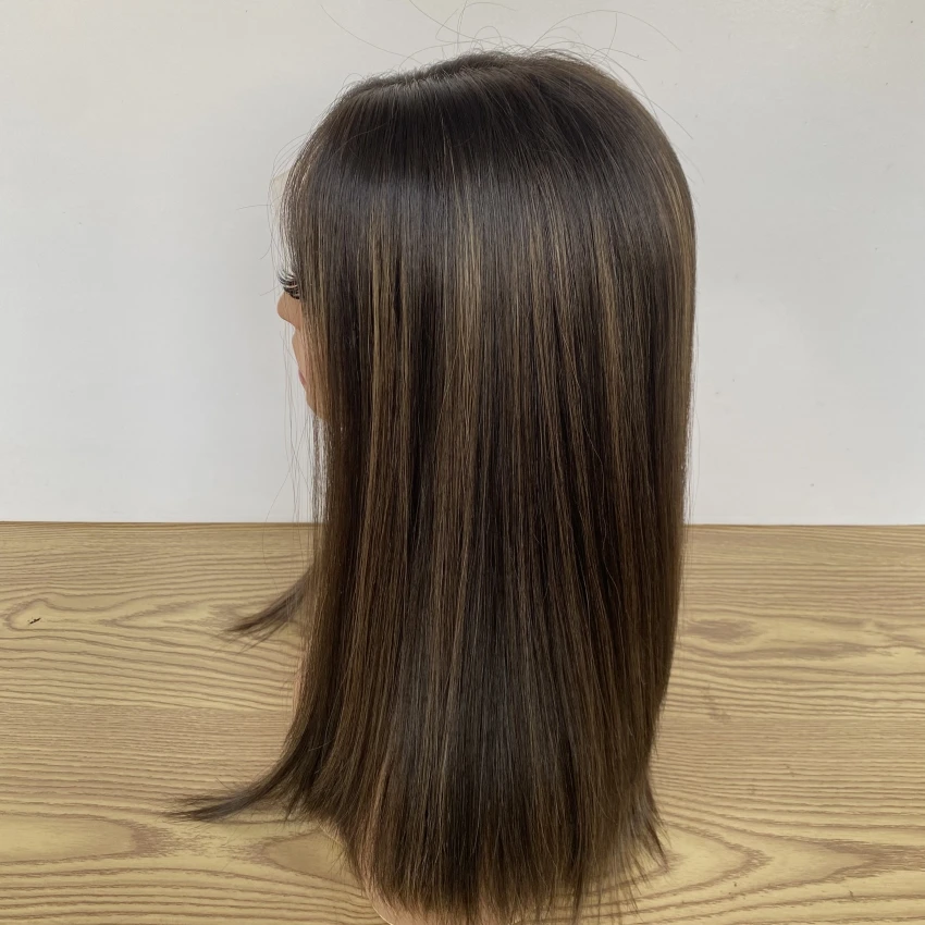 شعر بشري لعذراء حقيقي عالي الدقة بدانتيل أمامي لتخفيف الشعر، شعر مستعار يهودي بني داكن اللون مع تسليط الضوء على الكثافة الكاملة #4