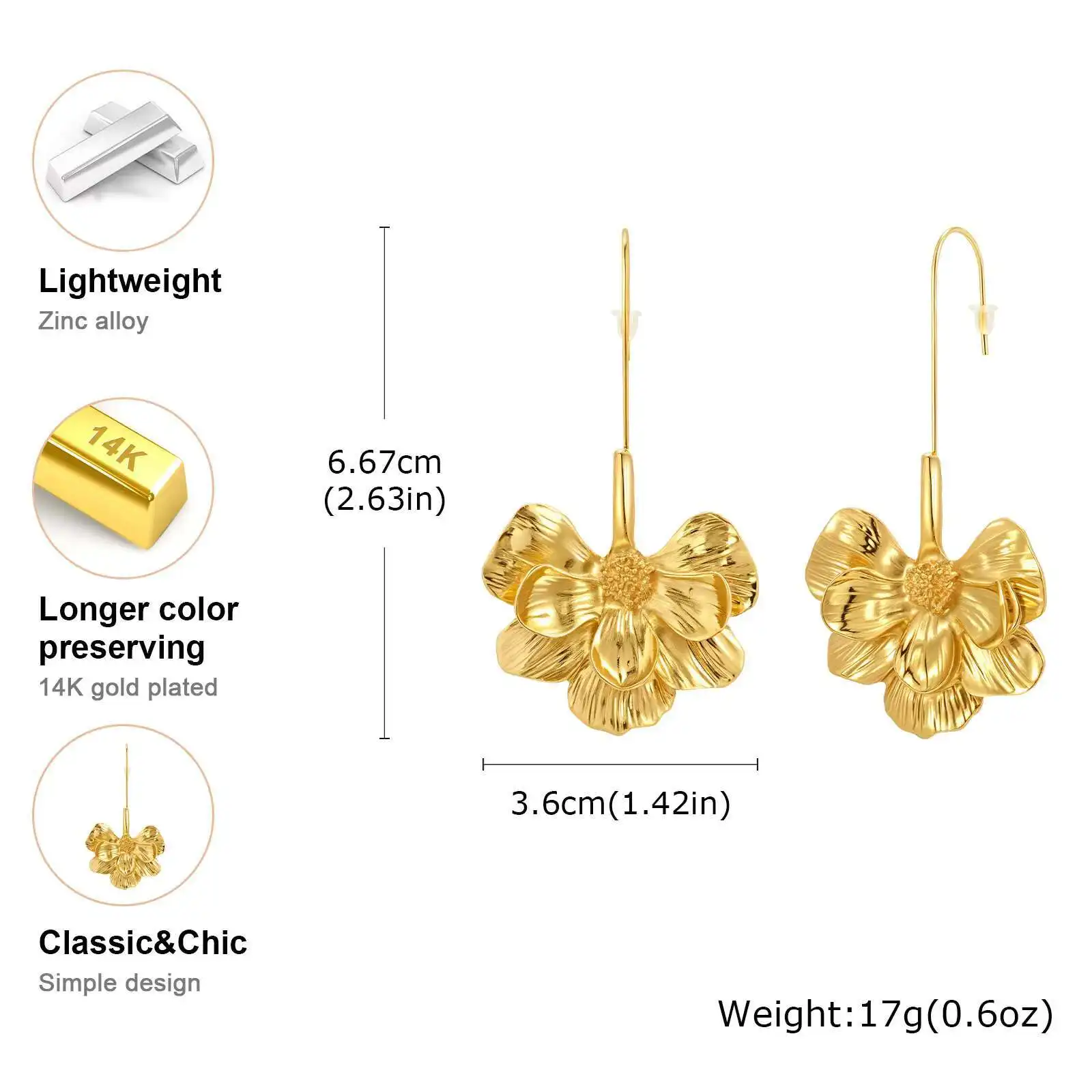 Vnox 分厚い女性ステートメントイヤリング、ビッグヘビーフラワードロップイヤリング、誇張されたメタルジュエリーギフト