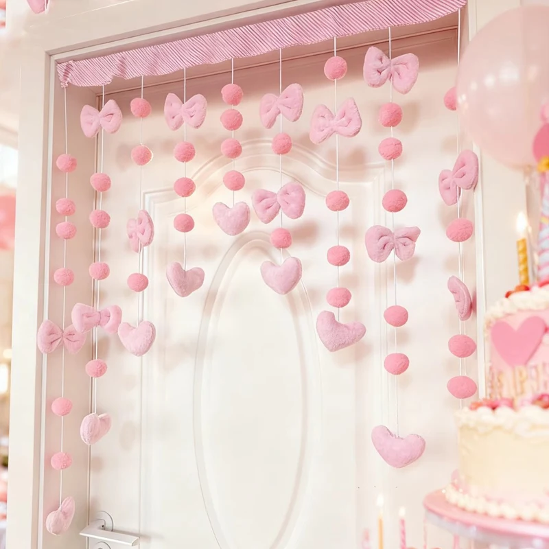 Pink Cute Doorway Curtains Plush Ball Bow Shaped Door Curtain Pendant Bedroom Partition Window Valance Decor for Girl Princess