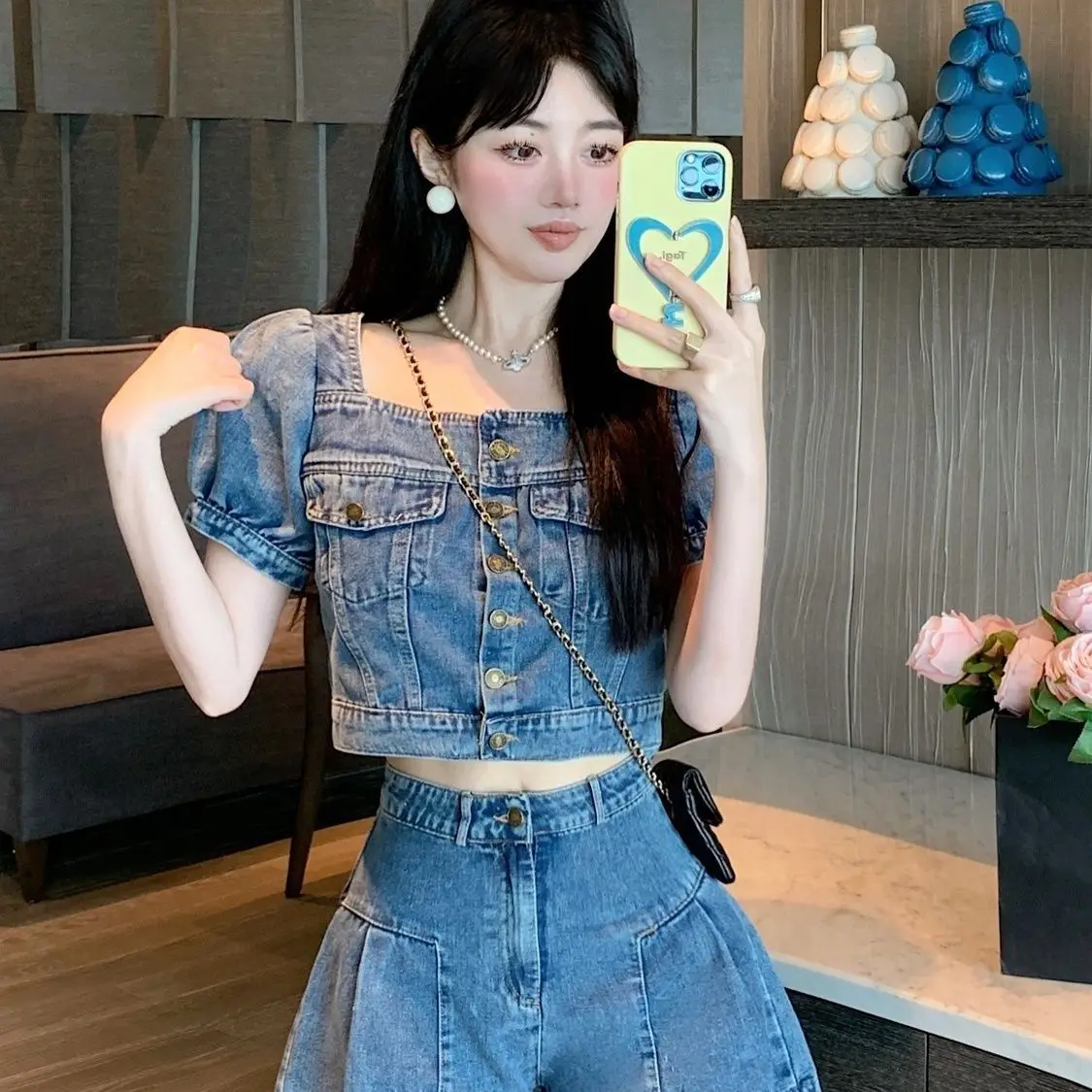 Set Of Square-Neck Denim Tops Sweet And Cool Style A-Line High-Waisted Shorts French Style Women Summer Temperament Fashion Suit