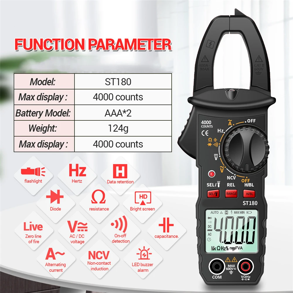 Podofo 4000 Counts Digitales Zangenmultimeter mit Auto-Range-Funktion, Handheld-Stromzangenmessgerät, NCV-Stromfrequenzdetektor, Hintergrundbeleuchtung, Datenspeicherung, AC-Strom-, Spannungs-, Widerstands-, Kapazitäts- und Frequenztester für die elektrische Wartung – Detail 2