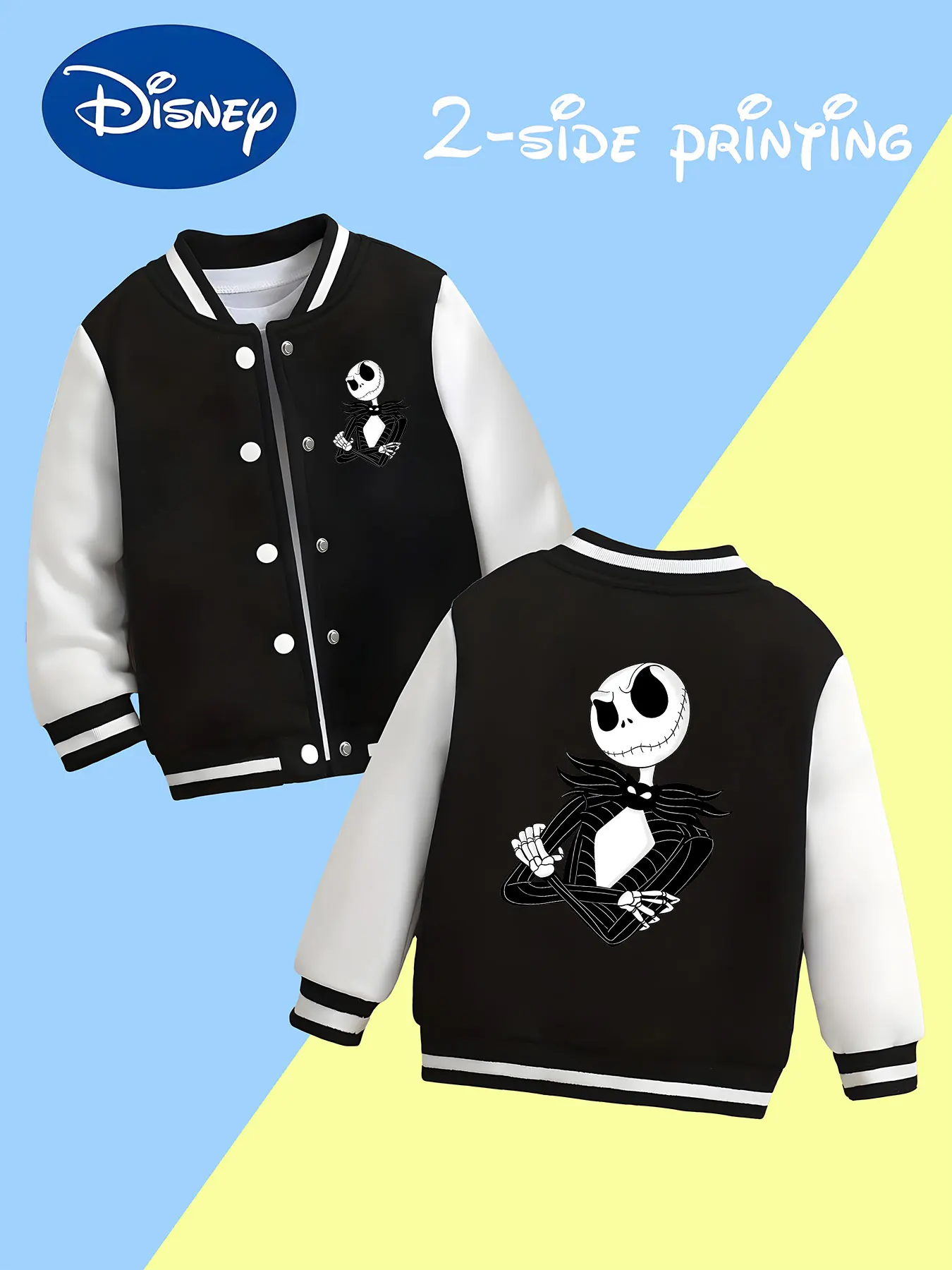 

MINISO Disney's "The Nightmare Before Christmas" Boys' Baseball Jacket - Jack Skeleton Print, Trendy and Eye-Catching for School