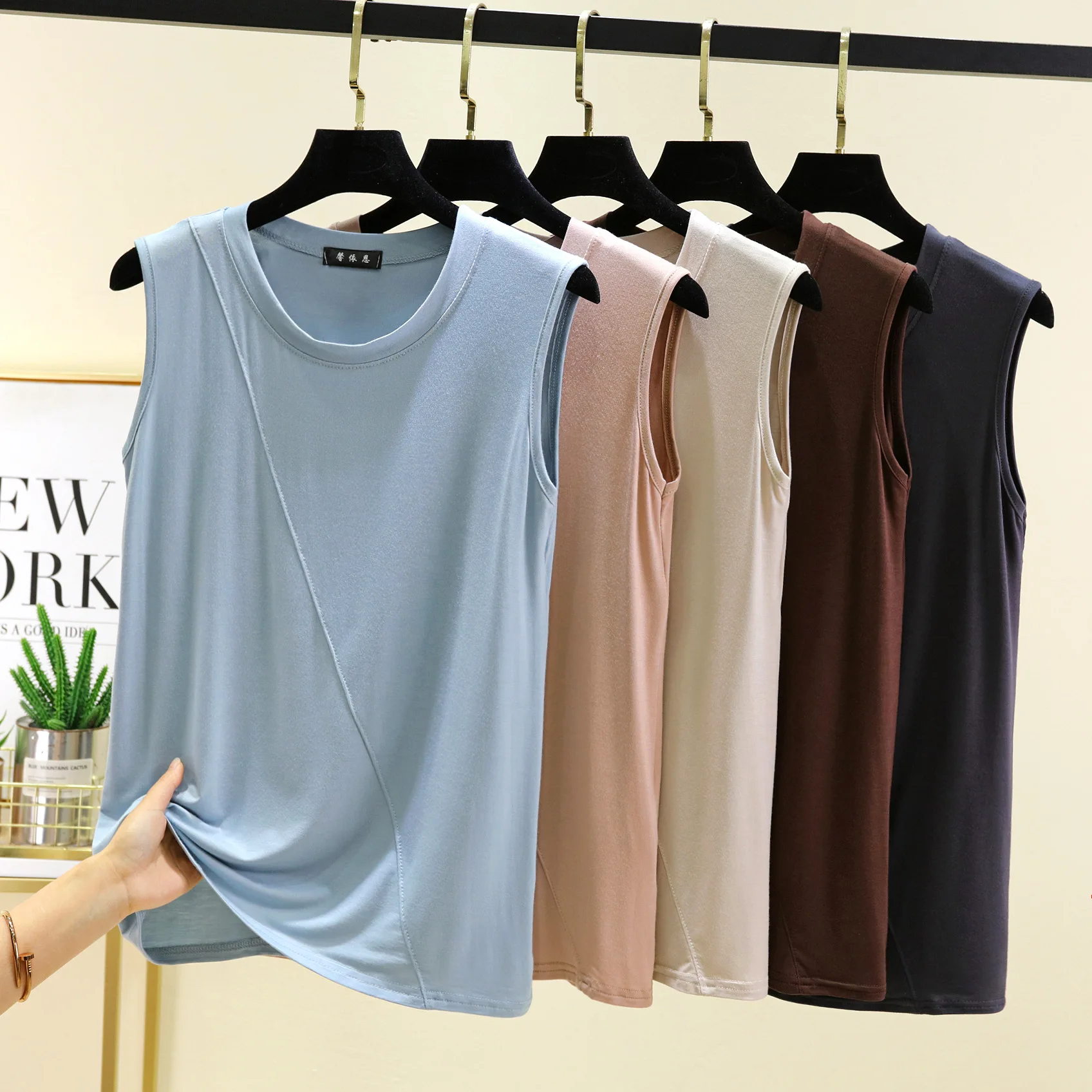 Modal spliced Tank Tops O-Neck sleeveless Tshirt solid color women base layer top Plus size Summer thin tee tops