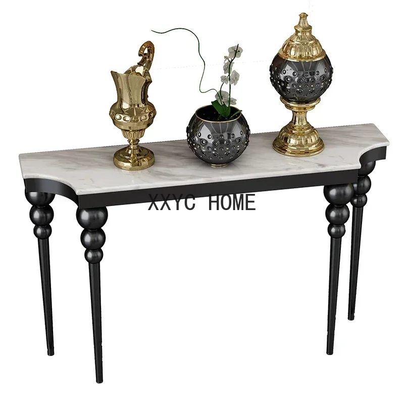 

Light luxury brushed stainless steel entrance cabinet marble corridor aisle foyer entry narrow wall table partition case