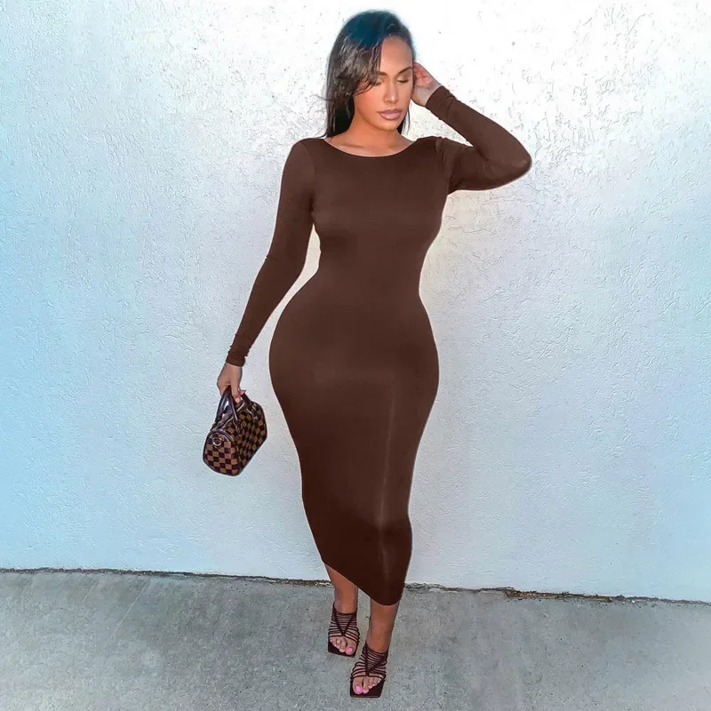 

2024 New Fashion Women Spring Sexy Backless Midi Dresses Bodycon Elegant Evening Club Party Birthday Brown Long Sleeve Dress