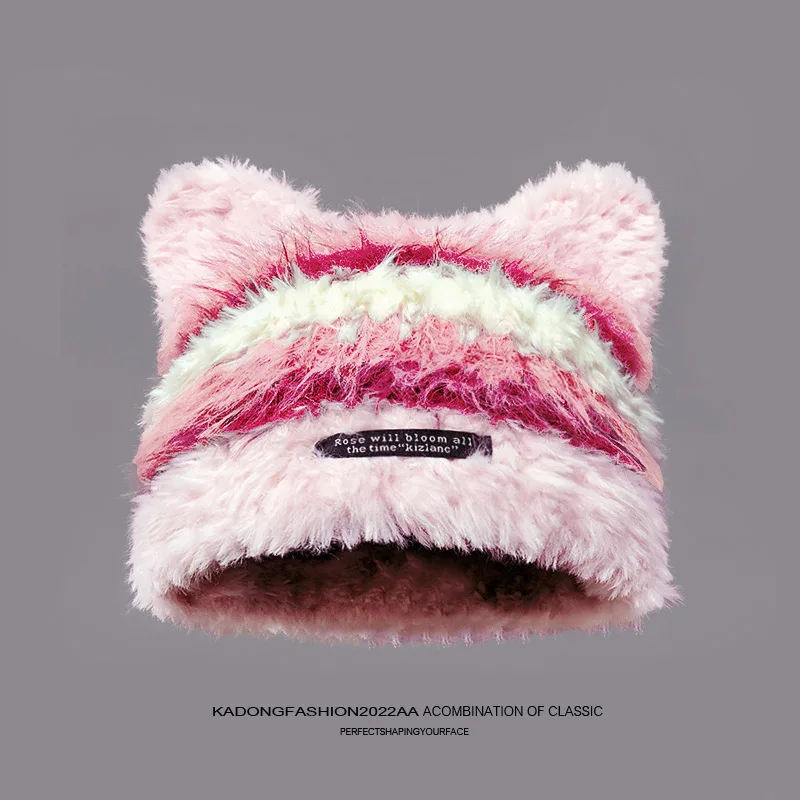 Women Cute Cat‑Ear Fleece‑lined Beanie, Korean‑Style Windproof Warm Slouchy Pull‑on Hat for Autumn Winter