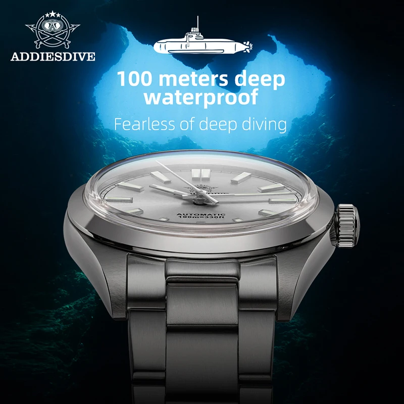 ADDIESDIVE-Montre mécanique automatique Shoous pour homme, verre miroir à bulles, montres de plongée étanches, montres-bracelets en acier de luxe, 100m