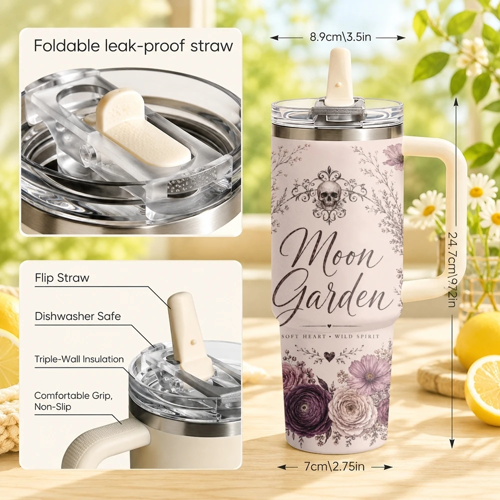 Skeleton Floral Designs Vacuum Flasks 40oz Stainless Steel Tumbler with Handle Straw Lid Vacuum Insulated Double Wall Leak Proof