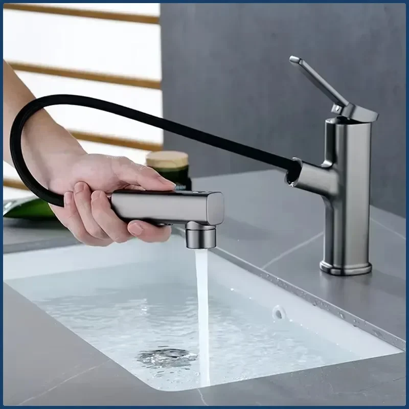 Brass Pull Out Faucet for Bathroom Three Modes Stream Sprayer Washbasin Faucet Single Handle Dual Hole Basin Sink Mixer Tap