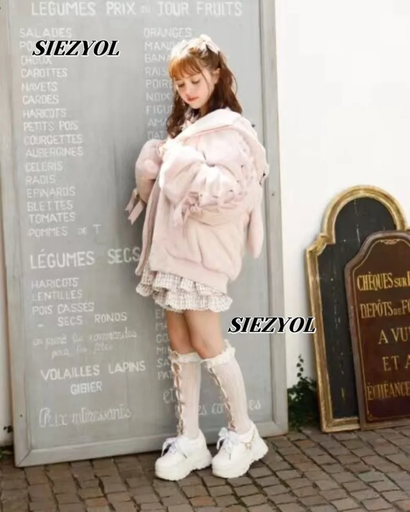 

Coat Japanese Style Fall and Winter Mass Production Sweet Thickened Encrypted Imitation Plush Rabbit Ears Hooded Loose Jacket