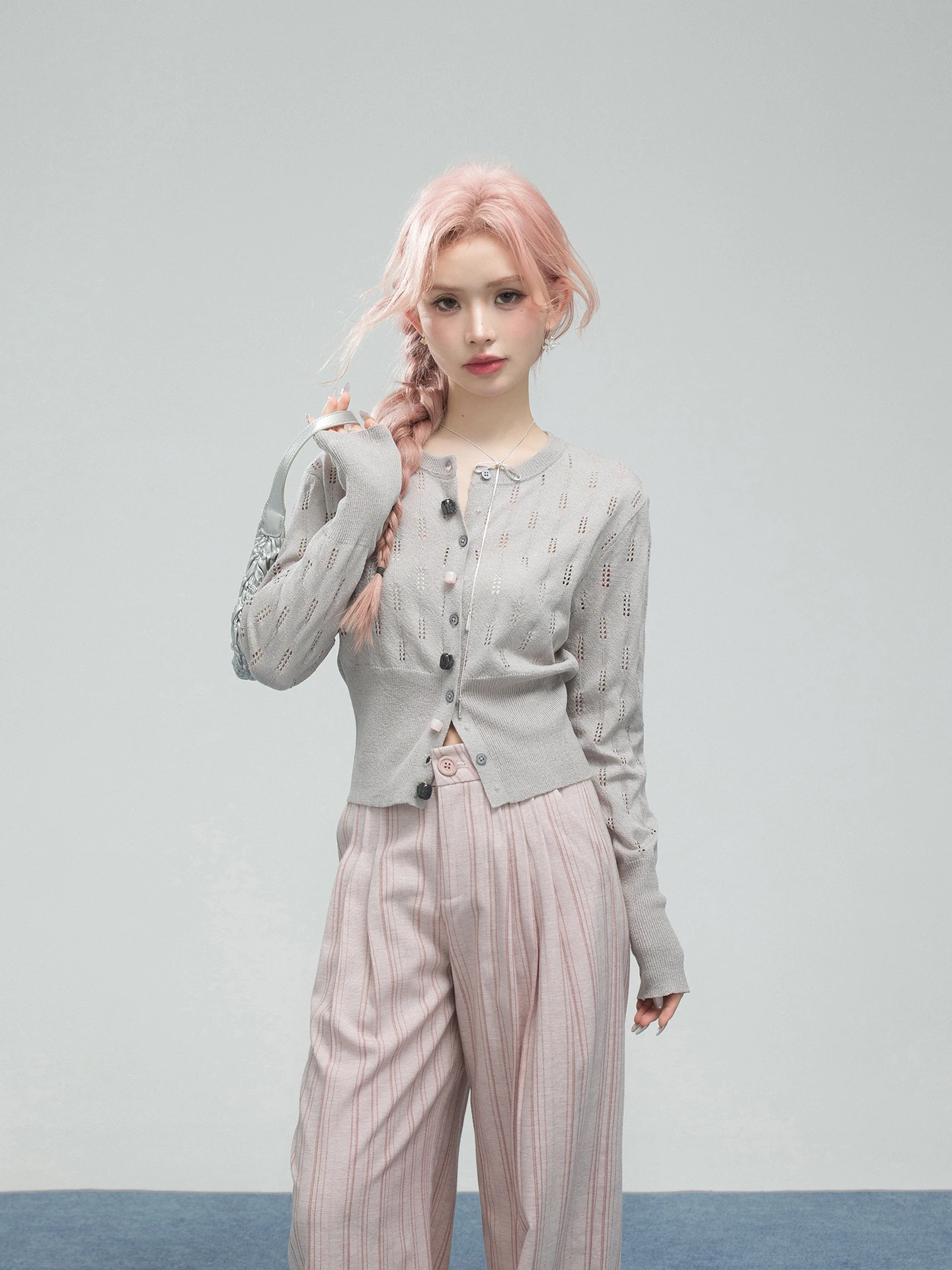 

ONEOFUUU Slimming Mist ey Knitted Open Cardigan Cool Feeling Button Casual Sle Women's Soft Long Sve ort Length