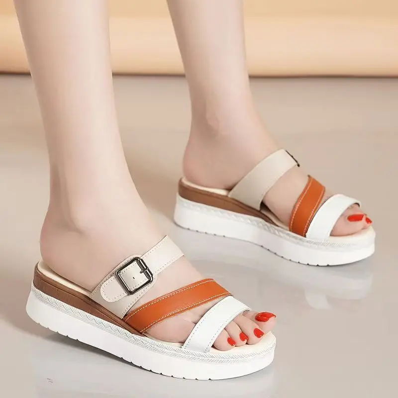 

Women Real Leather Wedges Slippers Sandals Summer New Thick Sole Lightweight Open Toe Fashionable Outdoor Casual Slippers Sandal
