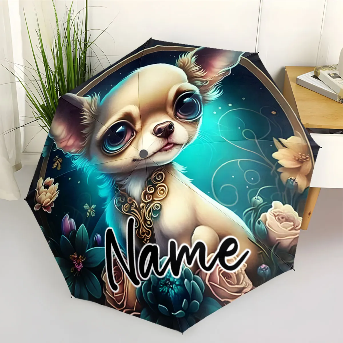 Custom Name Customizable Cute Puppy Umbrella Vibrant Floral Art Print 8 Iron Ribs Folding Umbrella Auto-Open Fashion Sunshade
