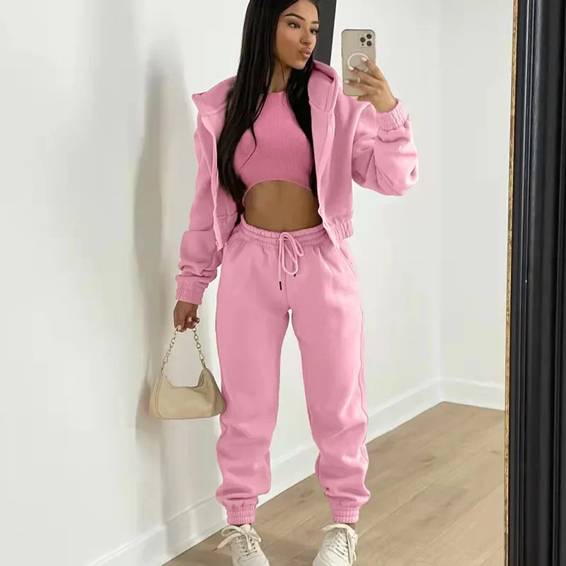 Active Wear 3 Piece Sets Womens Outfits Tracksuit Hooded Jacket Top + Vest + Sweatpants Sporty Suit Fitness Casual Matching Sets